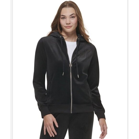 NWT Calvin Klein velvet Hoodie Sweatshirt MEDIUM Black Rhinestone Logo - Picture 2 of 7